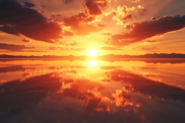 Sunset over Water: A breathtaking panorama of a fiery sunset reflected in a tranquil expanse of water, painted with the vibrant hues of orange and gold.