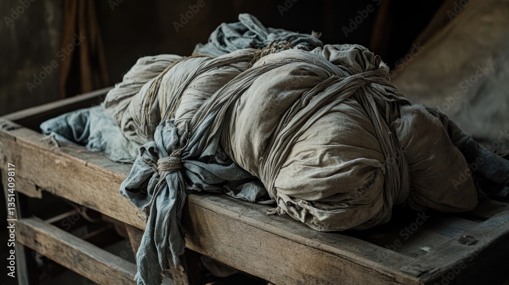 Poster a stack of fabric or textiles on a wooden surface, great for design and diy inspiration