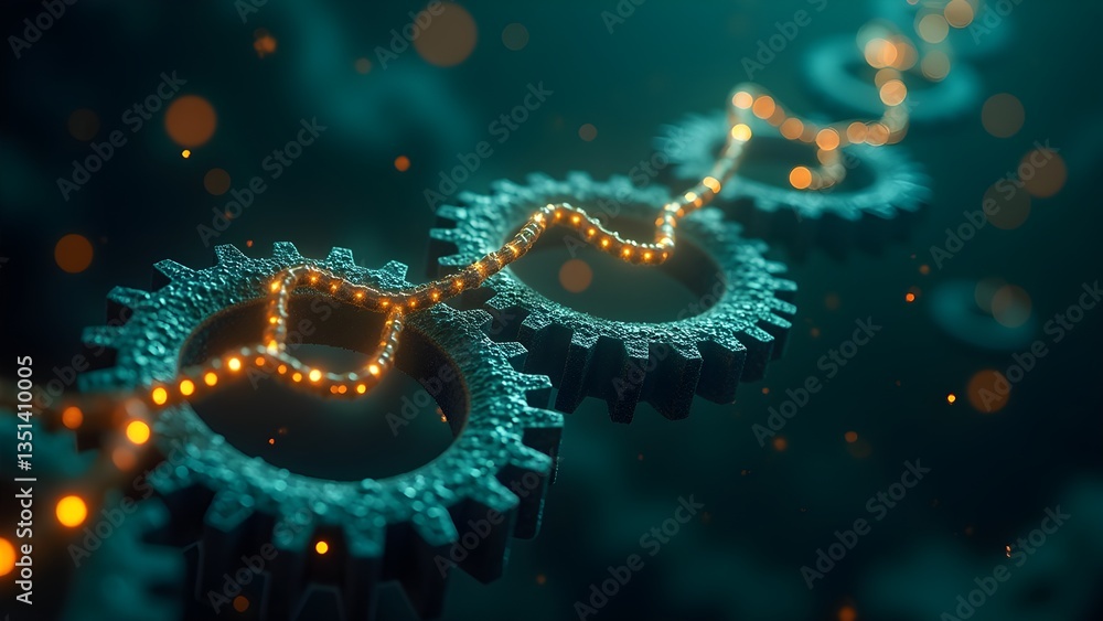 Poster interconnected gears with a glowing connection, representing technology and engineering in an abstra