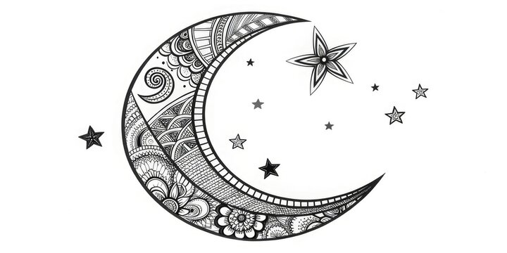 Fototapeta Сrescent moon, filled with intricate floral and geometric patterns,is surrounded by stars and small clouds on a white background for websites and blogs focusing on spirituality,astrology,bohemian styl