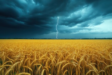 Golden Wheat Field and Lightning: A dramatic lightning bolt illuminates a vast field of golden wheat under a dark, stormy sky, evoking a sense of awe and the raw power of nature.