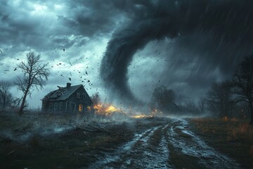 Twister's Fury: A terrifyingly epic digital painting of a massive tornado wreaking havoc on a rural landscape, with debris swirling ominously and a lone house caught in its destructive path.