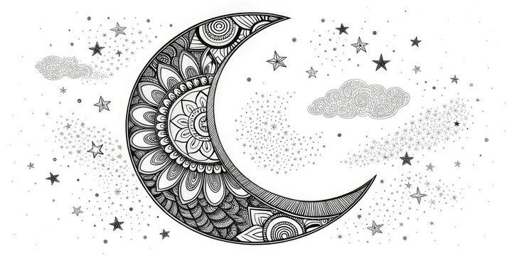 Fototapeta Сrescent moon, filled with intricate floral and geometric patterns,is surrounded by stars and small clouds on a white background for websites and blogs focusing on spirituality,astrology,bohemian styl