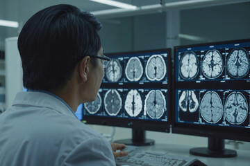 Back view of Asian neurologist man is looking at a computer monitor with three screens displaying different images. He is wearing a white lab coat and glasses