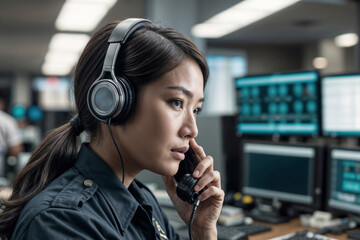 Face of Asian female police officer in a call center 911 operator talking on the phone in a busy police office environment
