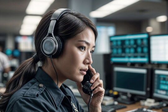 Face of Asian female police officer in a call center 911 operator talking on the phone in a busy police office environment