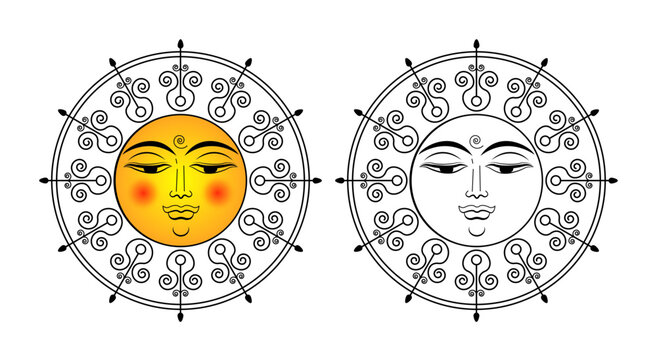 Sri Lankan Traditional Sun Face line art drawing. South Asian antique style design. Sun faces ornaments. Sinhala Tamil new year elements. 