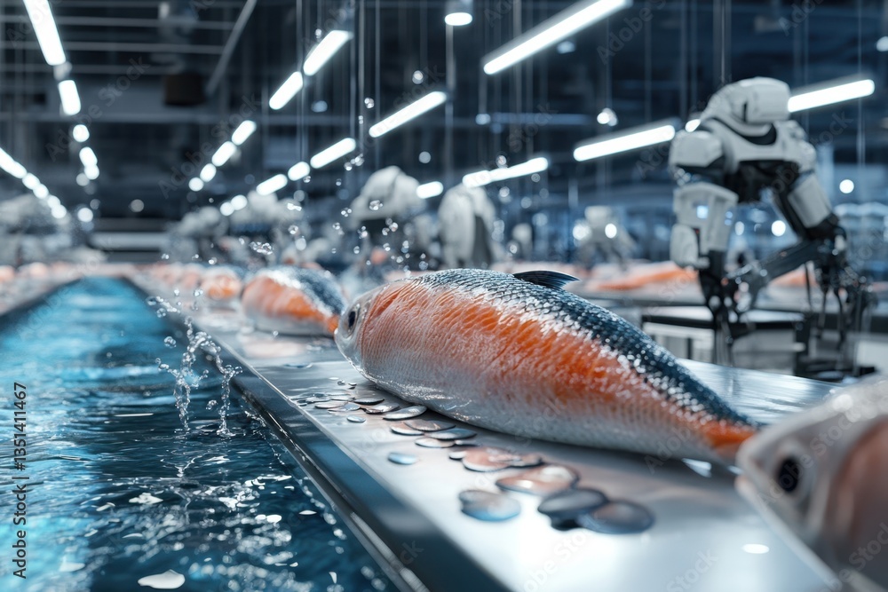 Poster automated robots processing fish in a high-tech aquatic facility near the coast