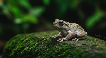Obraz premium Frog Sitting on Mossy Rock in Green Rainforest Setting Close Up