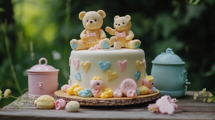 Naklejka premium A charming cake with two teddy bear toppers and pastel-colored decorations for a special occasion