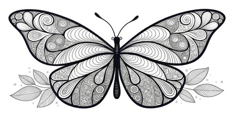 Fototapeta premium detailed black and white drawing of a butterfly with intricate patterns filling its wings for websites and blogs about art, coloring books, nature, or insect illustrations