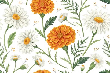 Colorful Floral Pattern Featuring Daisies and Marigolds Generative AI