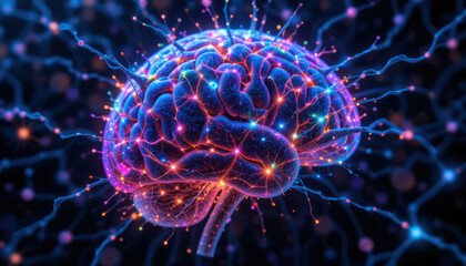 Brain visualization, neural network, synapses firing, colorful electrical impulses