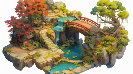 Obraz premium An isometric view of a fantasy landscape featuring a bridge, waterfall, and vibrant plants.