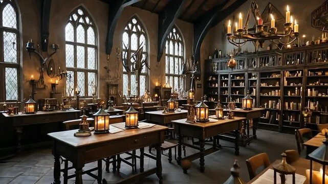 Atmospheric interior of an old magical classroom with books and lantern lights