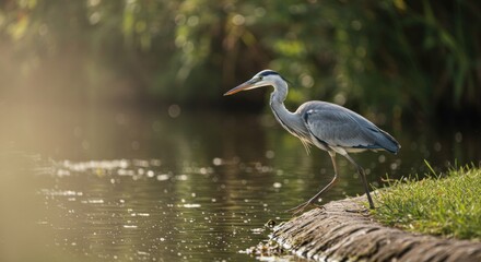 Naklejka premium Heron Walking Near Water Searching for Food in Natural Setting