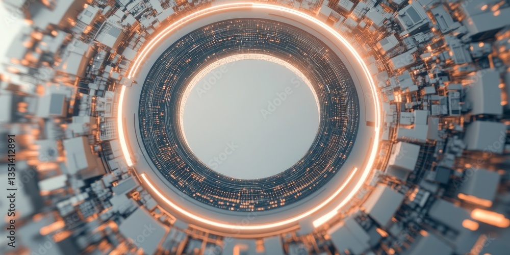 Poster a dynamic circular formation showcases interconnected digital components, symbolizing the seamless i