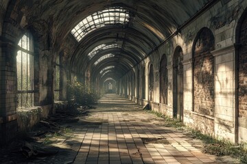 Obraz premium Abandoned hallway with overgrown plants and broken arches in a deserted building