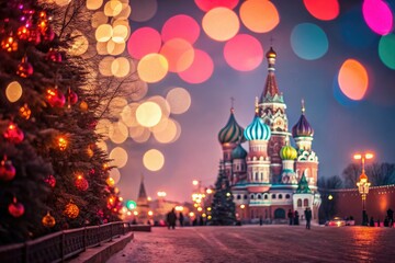 Obraz premium Colorful Lights Illuminate St. Basil's Cathedral in Winter Generative AI