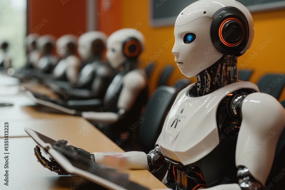 Aufkleber A robot sits in front of a laptop computer, likely working or communicating