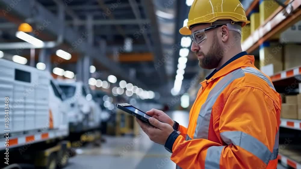 Aufkleber A highly skilled worker is effectively utilizing innovative technologies within an automotive warehouse environment, aiming to significantly enhance operations and optimize various workflow processes