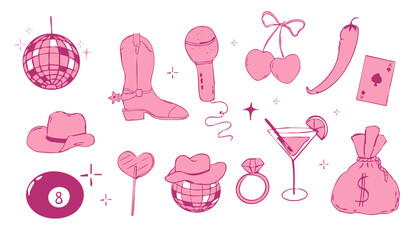 Wild west coquette y2k bachelorette cowgirl party collection, western pink rodeo doodle with retro disco elements. Hat, heart and boots.