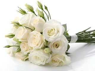 Elegant Bouquet of White Roses and Eustoma Flowers Isolated on a White Background