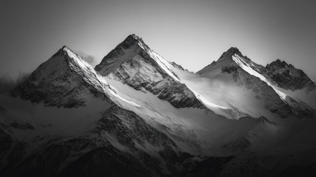 A black and white photo of a mountain range with snow-capped peaks and misty valleys