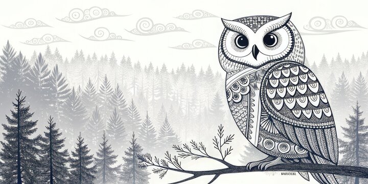 The black and white illustration shows stylised owl perched on branch with leaves in intricate zentangle patterns for owl educational materials,nature-themed designs or art projects.