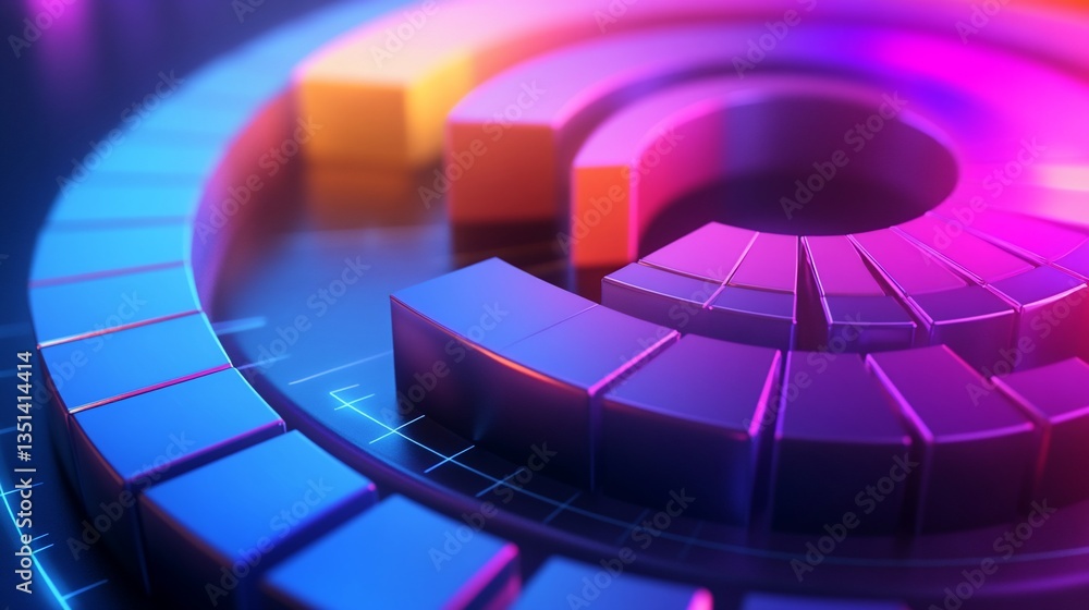 Poster abstract geometric rings with vibrant gradient lighting and grid lines on dark background