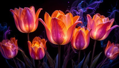 Glowing Tulips, Magical Floral Fantasy, Vibrant tulips illuminated, surreal smoke trails.
