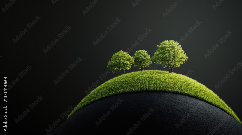 Poster a scenic view of three trees standing tall on the top of a lush green hill