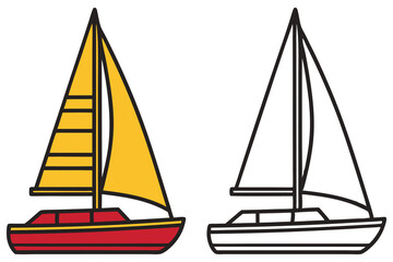 Red and White Sailboat Drawings Simple Line Art Illustrations for Kids Coloring Pages Nautical Theme Summer Vacation