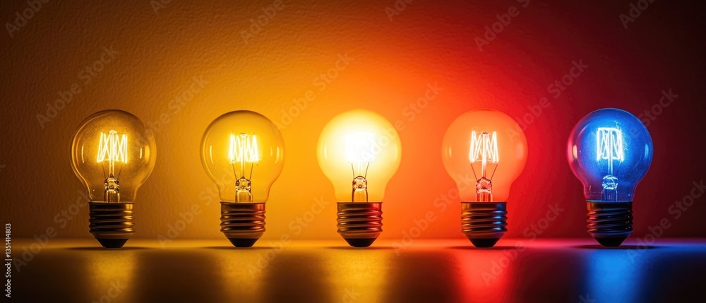 Poster A row of light bulbs with different colors, suitable for use as decorative or creative element