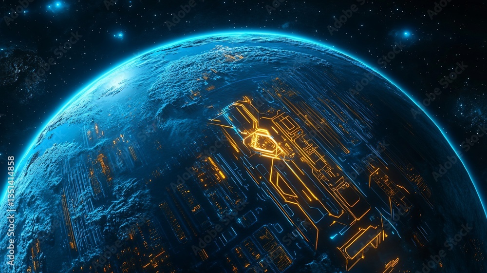 Poster futuristic planet with circuit pattern, glowing yellow lines and blue sphere in space