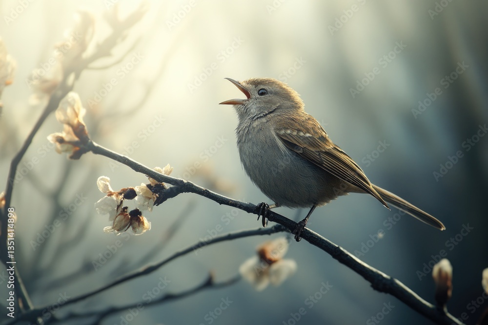 Poster a bird is sitting on the top of a tree branch, looking around