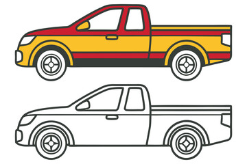 Cartoon illustration of a pickup truck in two versions one colored and one outlined for coloring