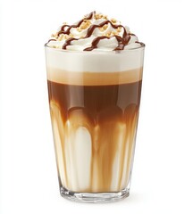 A smooth-edged tall glass of cold coffee with cream on top, white background, hyper-photorealistic appearance, no text or logo. The drink is brown, with white