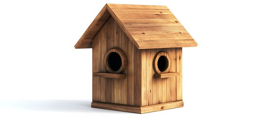 Classic wooden birdhouse displayed against a pristine white backdrop, captured in photorealistic high-definition with intricate details.