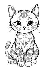 Obraz premium Adorable Kitten with Intricate Line Art Details Sitting Upright, Featuring a Cute Face, Big Eyes, and Whimsical Patterns for Coloring Book or Illustration Purposes