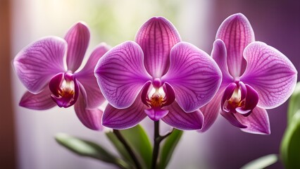 Obraz premium Close-up shot three vibrant purple phalaenopsis orchids bloom.
