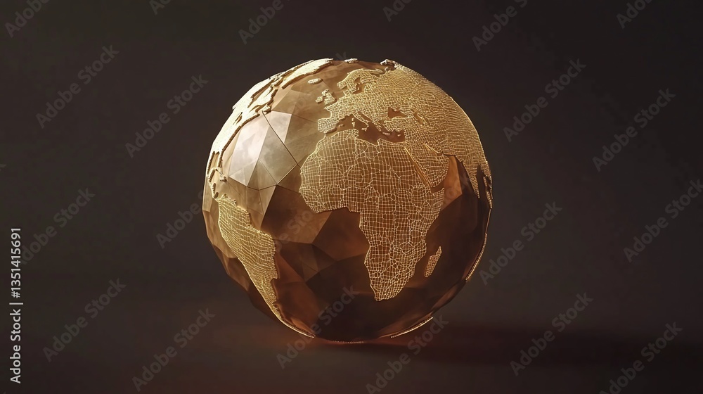 Poster abstract golden globe with map outlines on dark background for global themes