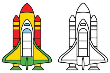 Fototapeta premium Colorful Space Shuttle and Black and White Outline Drawing for Kids Coloring Book