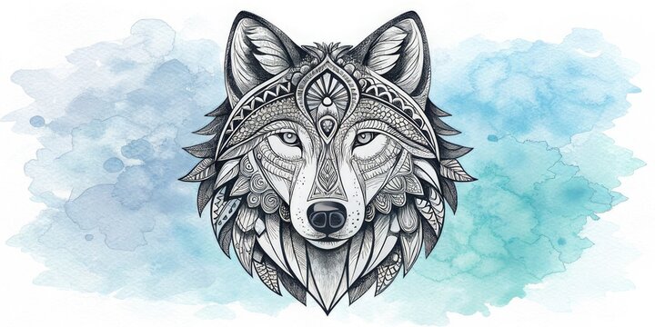 Detailed zentangle illustration of a wolf head with intricate tribal black patterns blue watercolour background for websites and blogs focusing on wildlife,nature,tribal art,tattoos,and spiritual them