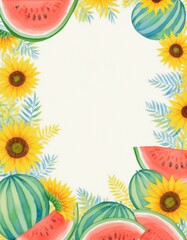 Obraz premium 夏っぽいひまわりとすいかの背景