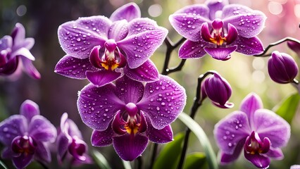 Obraz premium Close-up shot vibrant purple orchids water droplets, showcasing their intricate details delicate beauty.
