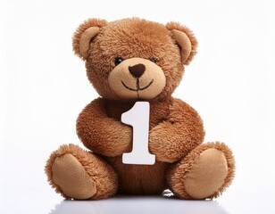 Obraz premium Cute brown teddy bear with number 1, first kids birthday party. Stuffed animal isolated on white background