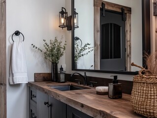 Luxury farmhouse bathroom decor with rich black accents, featuring a mix of rustic and modern elements. A black-framed mirror, dark fixtures, and wooden textures come together to create an elegant  