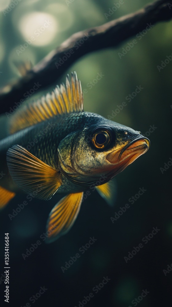 Poster a close-up shot of a fish sitting on a tree branch