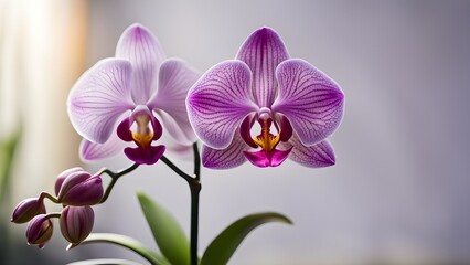 Naklejka premium Two vibrant purple white phalaenopsis orchids full bloom against a soft, blurred background.